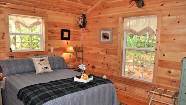 Une chambre dans une cabane en bois, avec un lit, deux fenêtres, une lampe, un tableau encadré et une petite table sur laquelle se trouve un plateau de fruits.