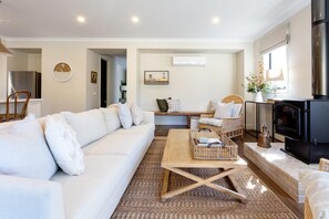 TV, lareira, DVD player, livros