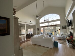 Smart TV, fireplace, books