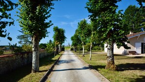 Une étroite route pavée, bordée d’arbres et d’un mur de pierres d’un côté, mène à un bâtiment dont le toit est recouvert de tuiles.