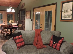 Smart TV, fireplace, books, music library