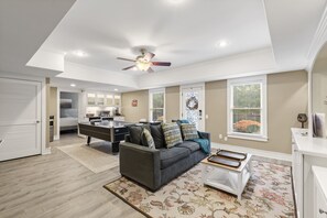 TV, fireplace, table football, books