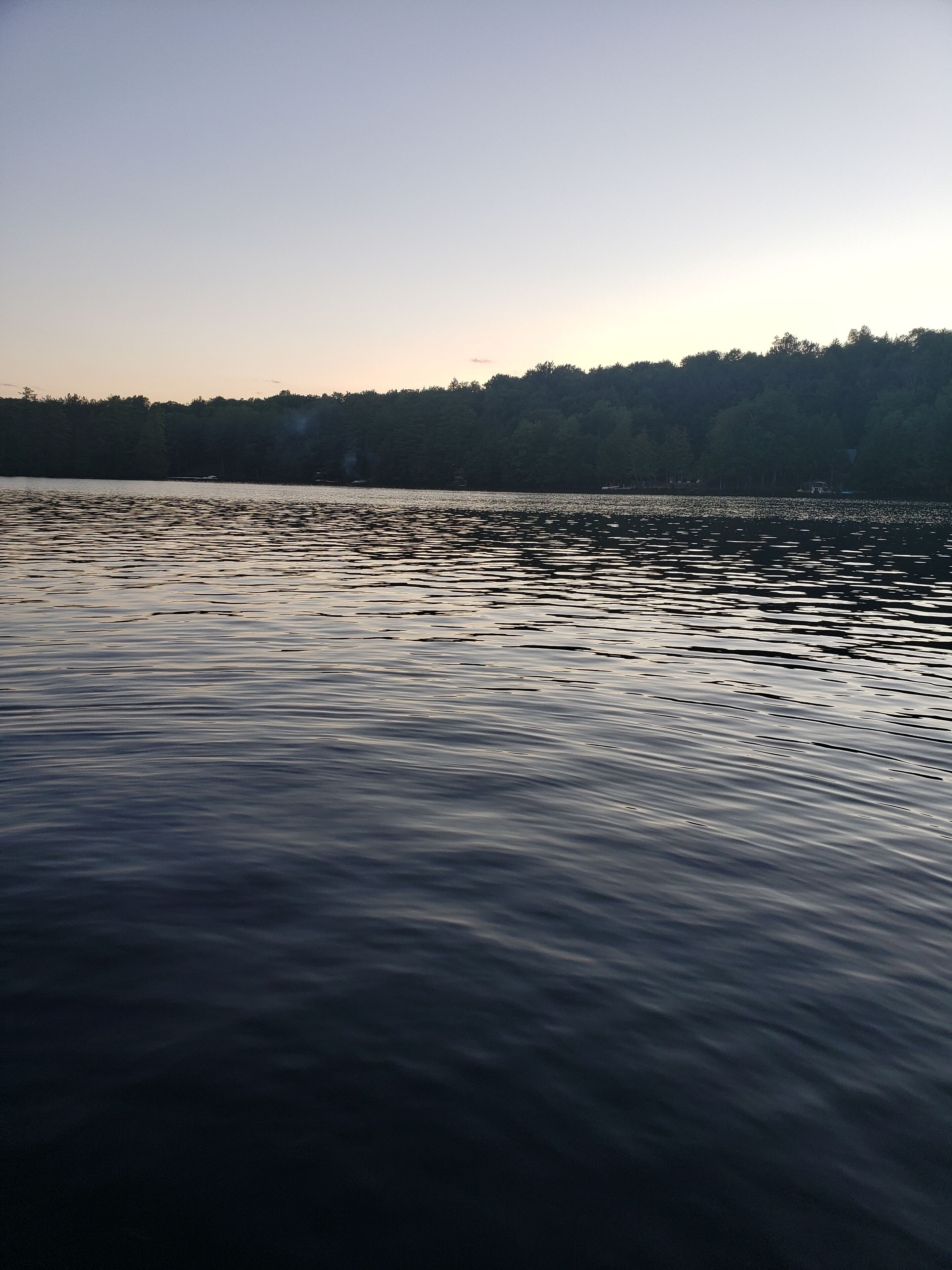 A calm lake with a forested shoreline.