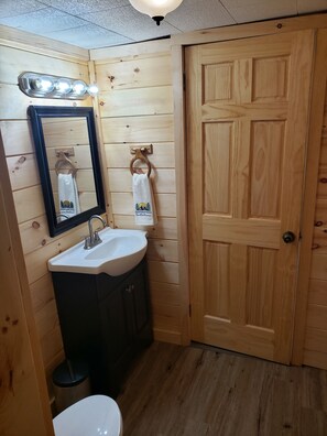 Shower, towels, soap, toilet paper