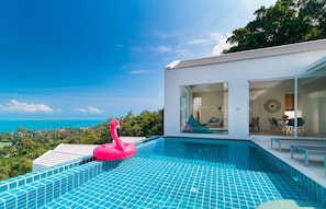 A modern house with a swimming pool, a pink flamingo float, and a view of the ocean.