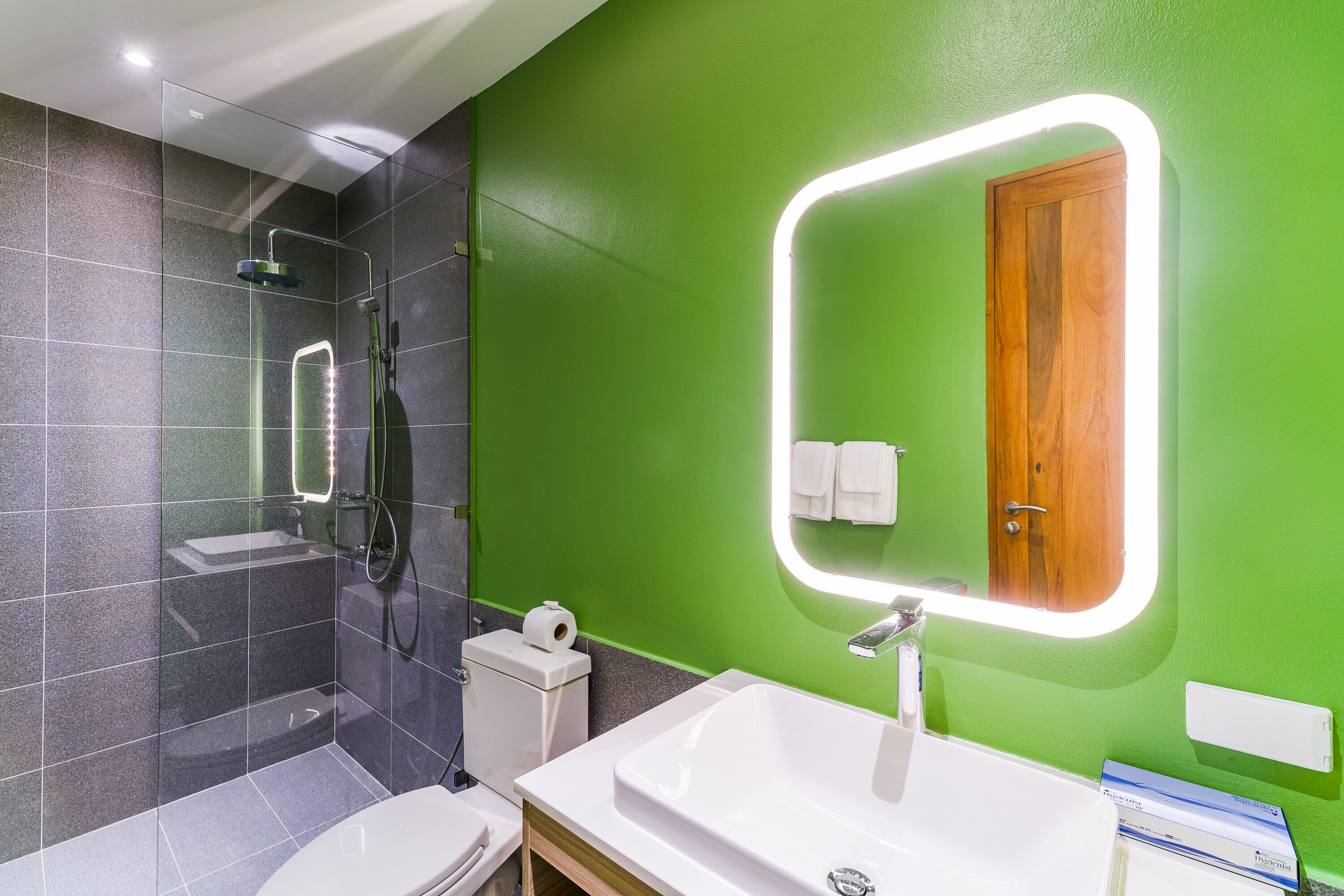 Un bagno moderno con una parete verde, un lavandino bianco, uno specchio e una doccia.