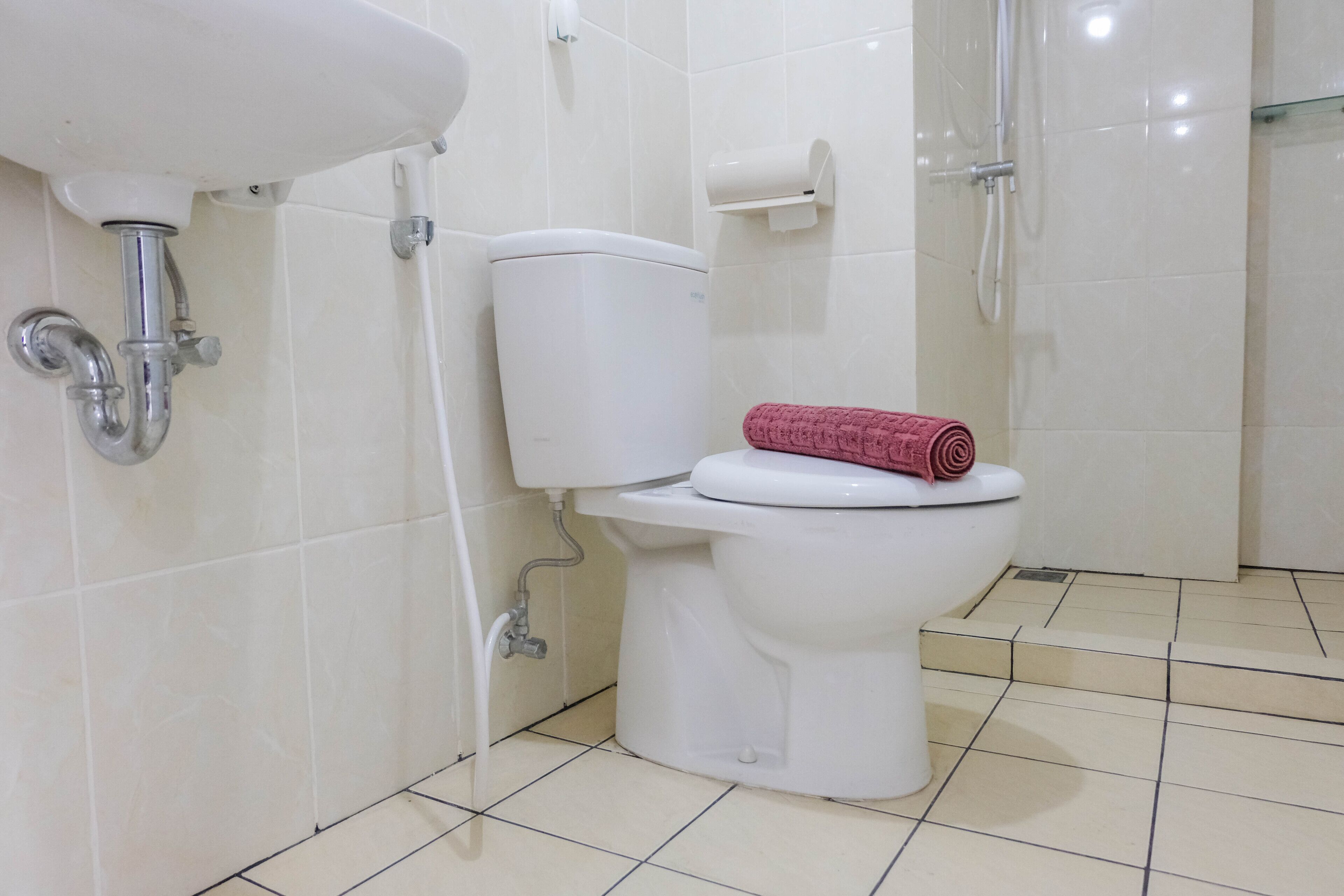 A bathroom with a toilet, a sink, and a shower.