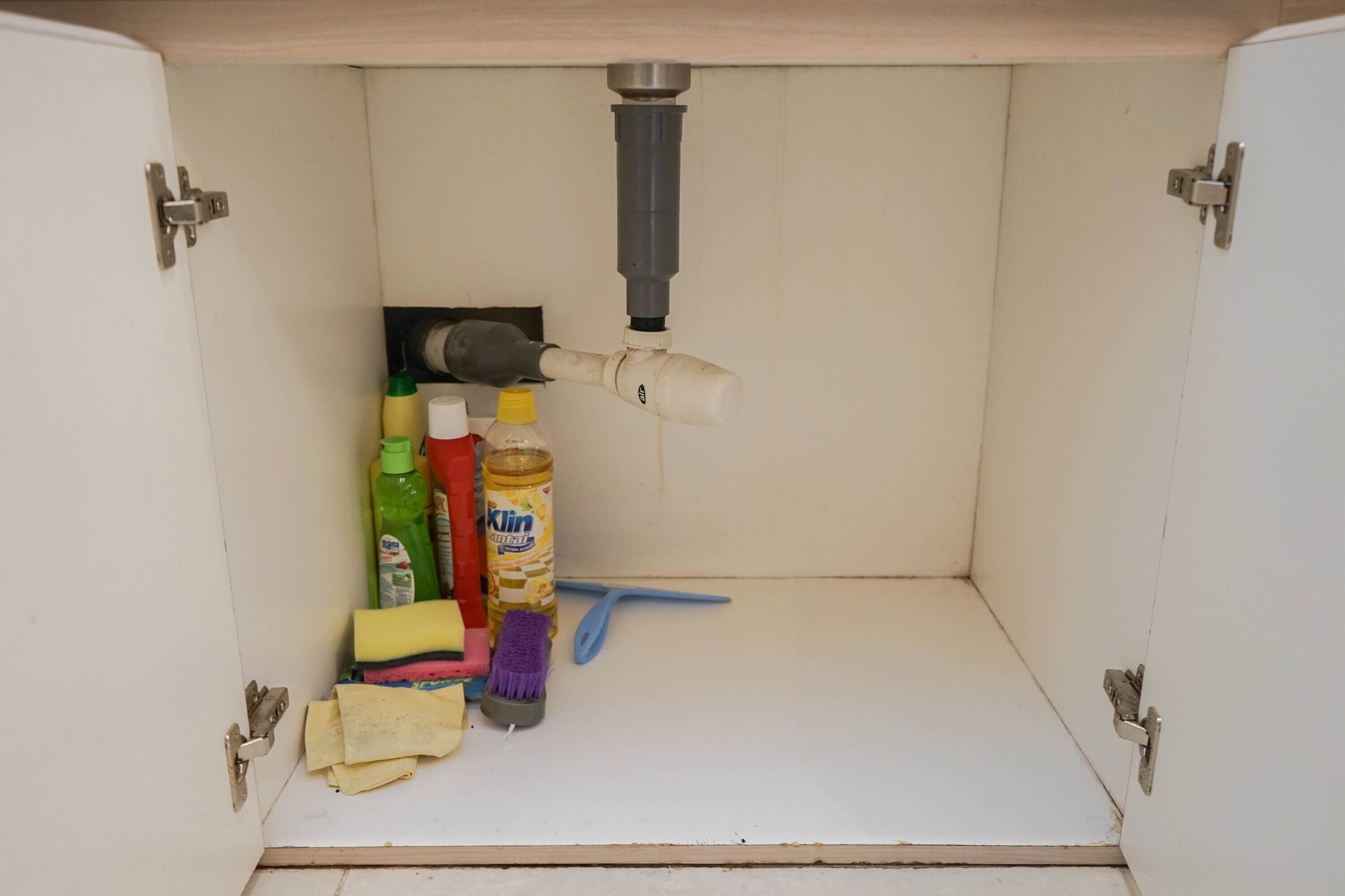 Ein Küchenschrank mit Spüle, verschiedenen Reinigungsmitteln und einer blauen Reinigungsbürste.