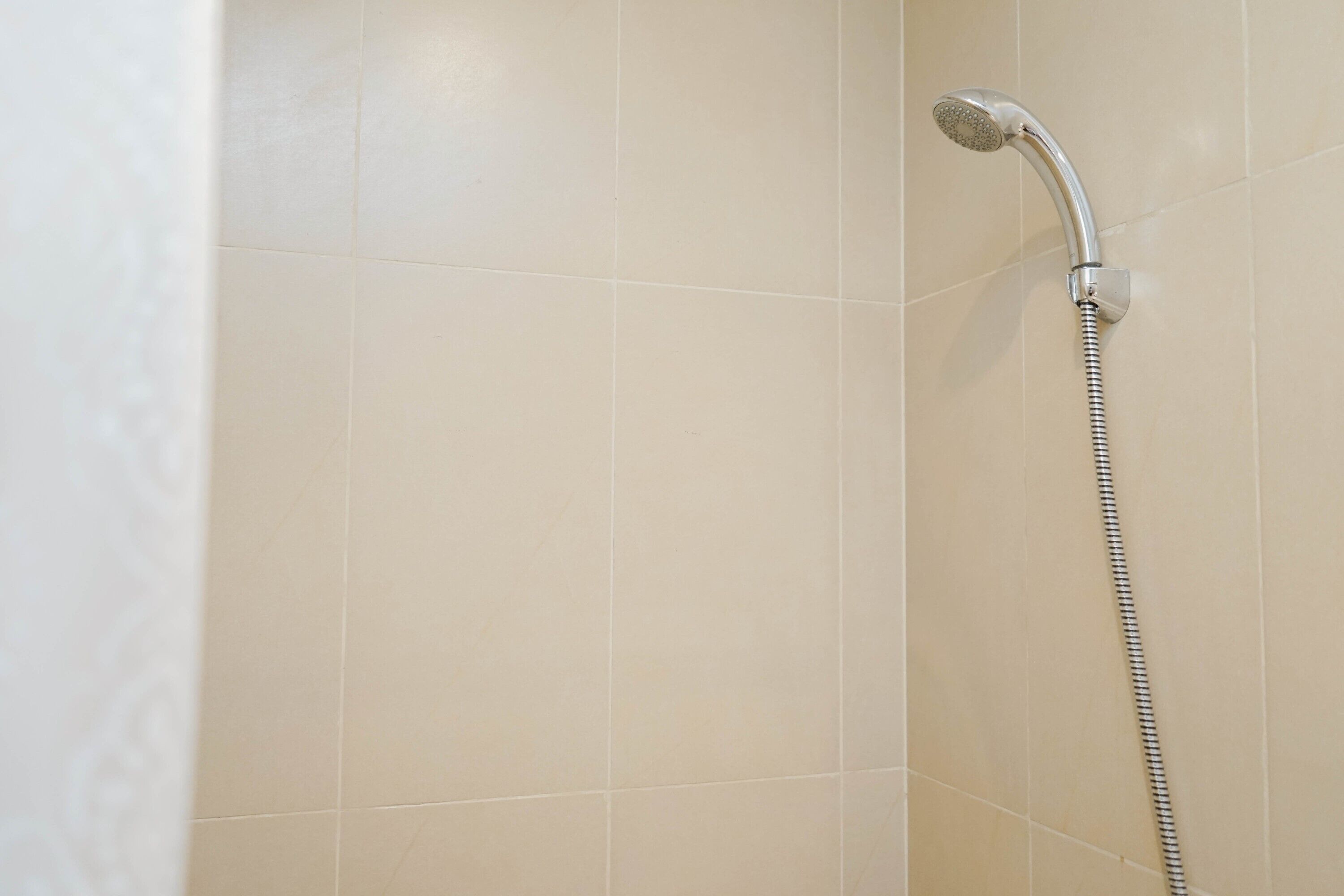 Une douche équipée d’un pommeau de douche à main et d’un flexible.