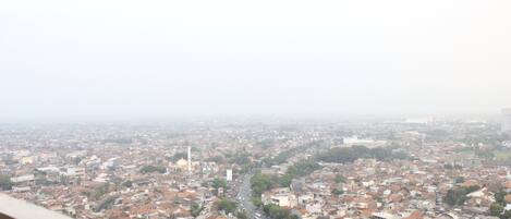 A cityscape with a mix of residential and commercial buildings, a prominent church, and a road curving through the center.