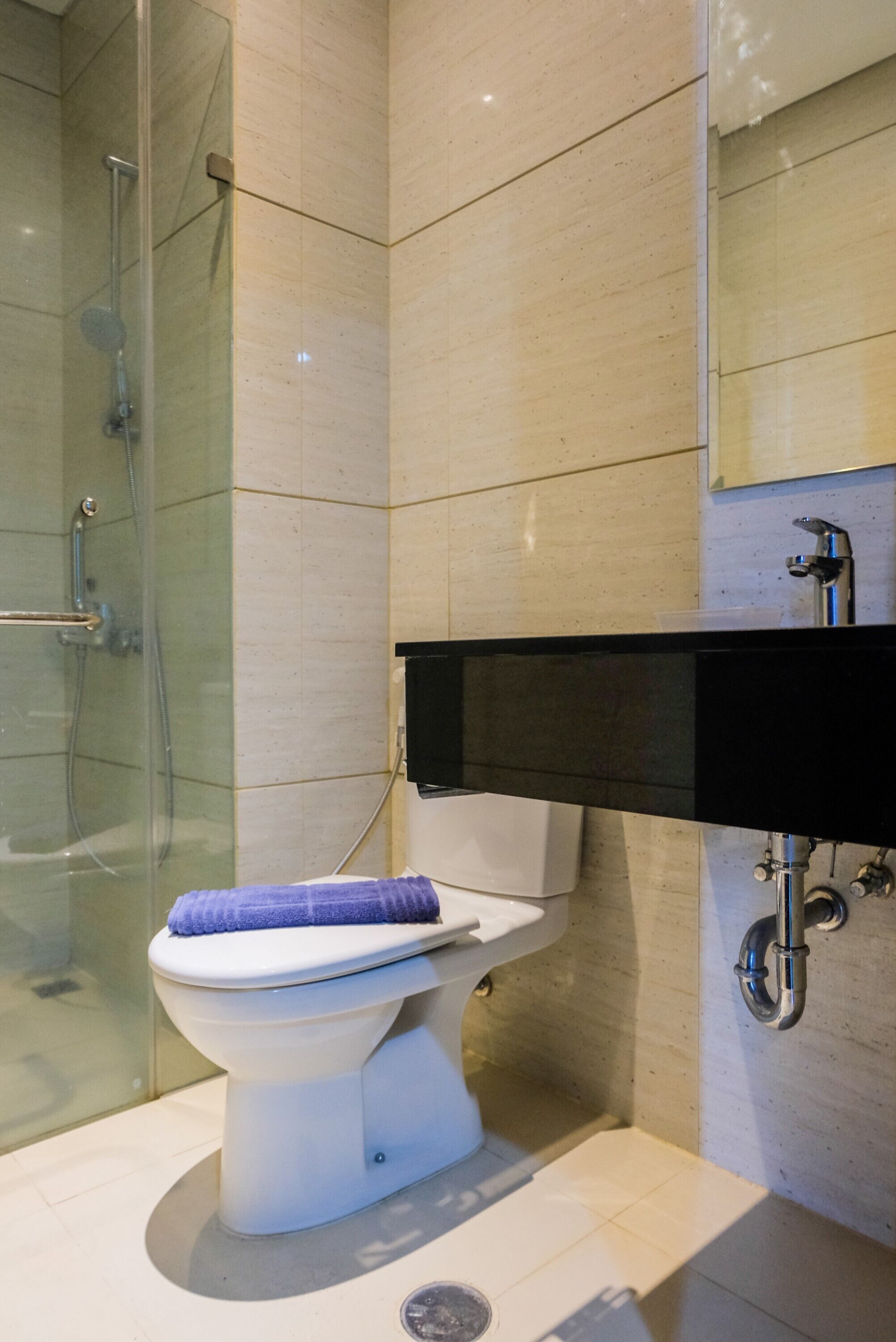 A modern bathroom with a glass shower enclosure, a white toilet, and a black sink with a mirror above it.