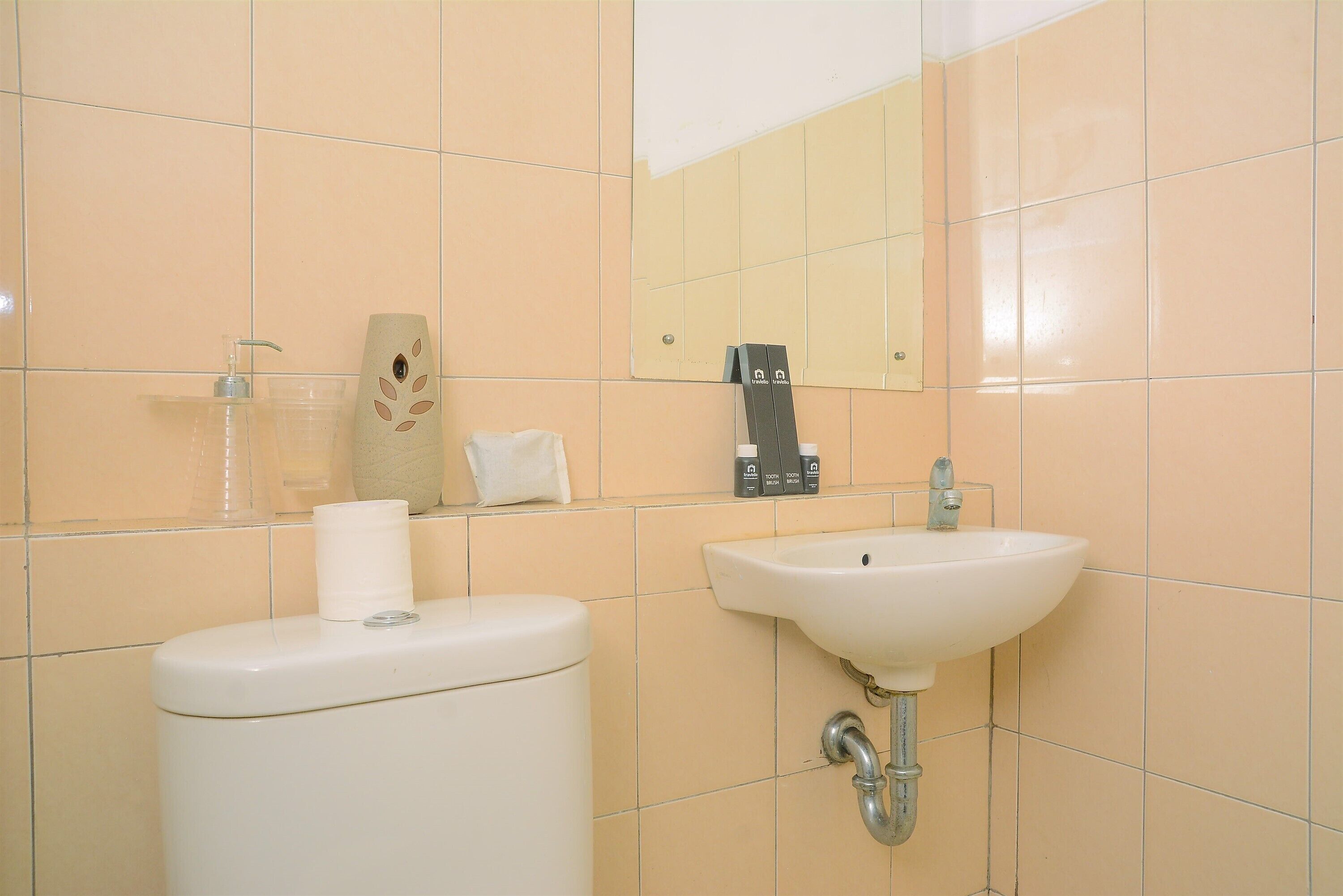 A bathroom with a toilet, sink, and mirror.