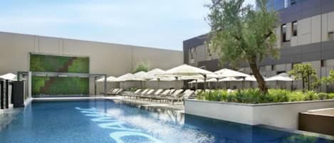 Outdoor pool, pool umbrellas