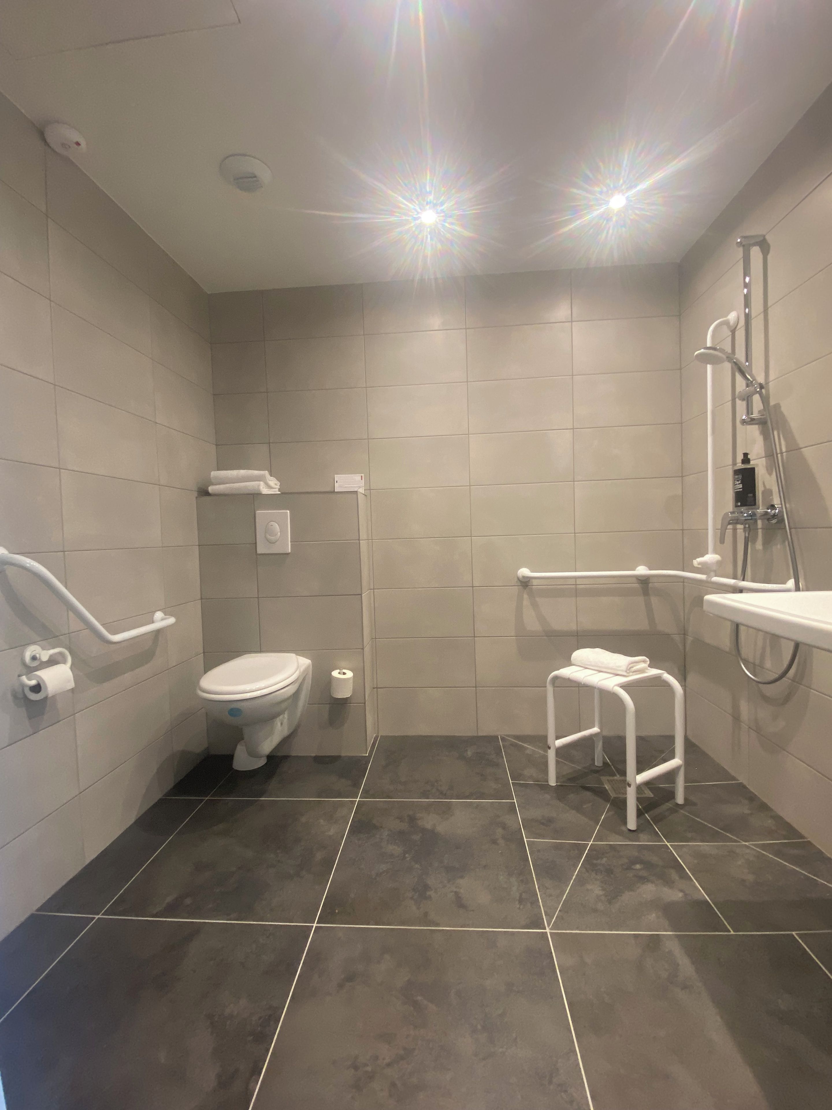 Une salle de bain moderne équipée de toilettes, d’un bidet et d’un espace douche.