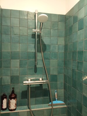 Shower, hair dryer, towels, toilet paper