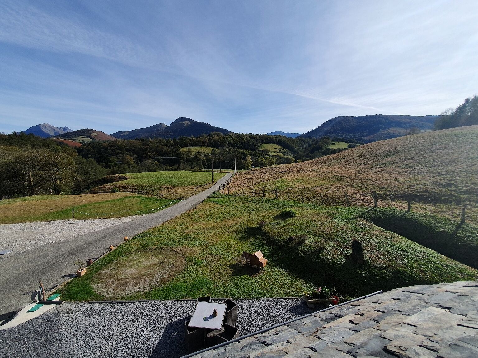 A rural landscape with a gravel road, green fields, and mountains in the background.
