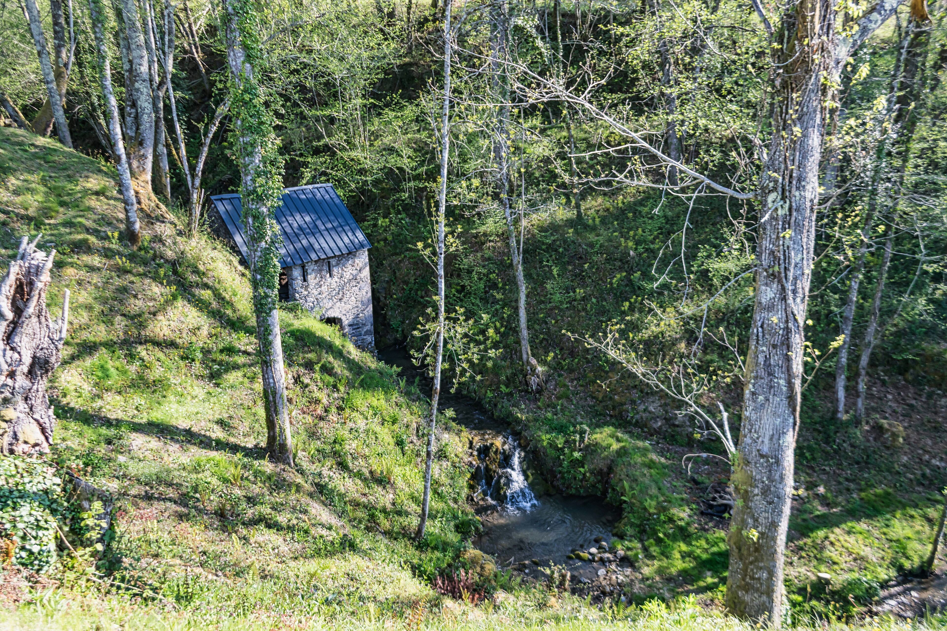Ett rustikt stenhus med ett sluttande tak, beläget i ett skogsområde, omgivet av träd och en liten bäck.