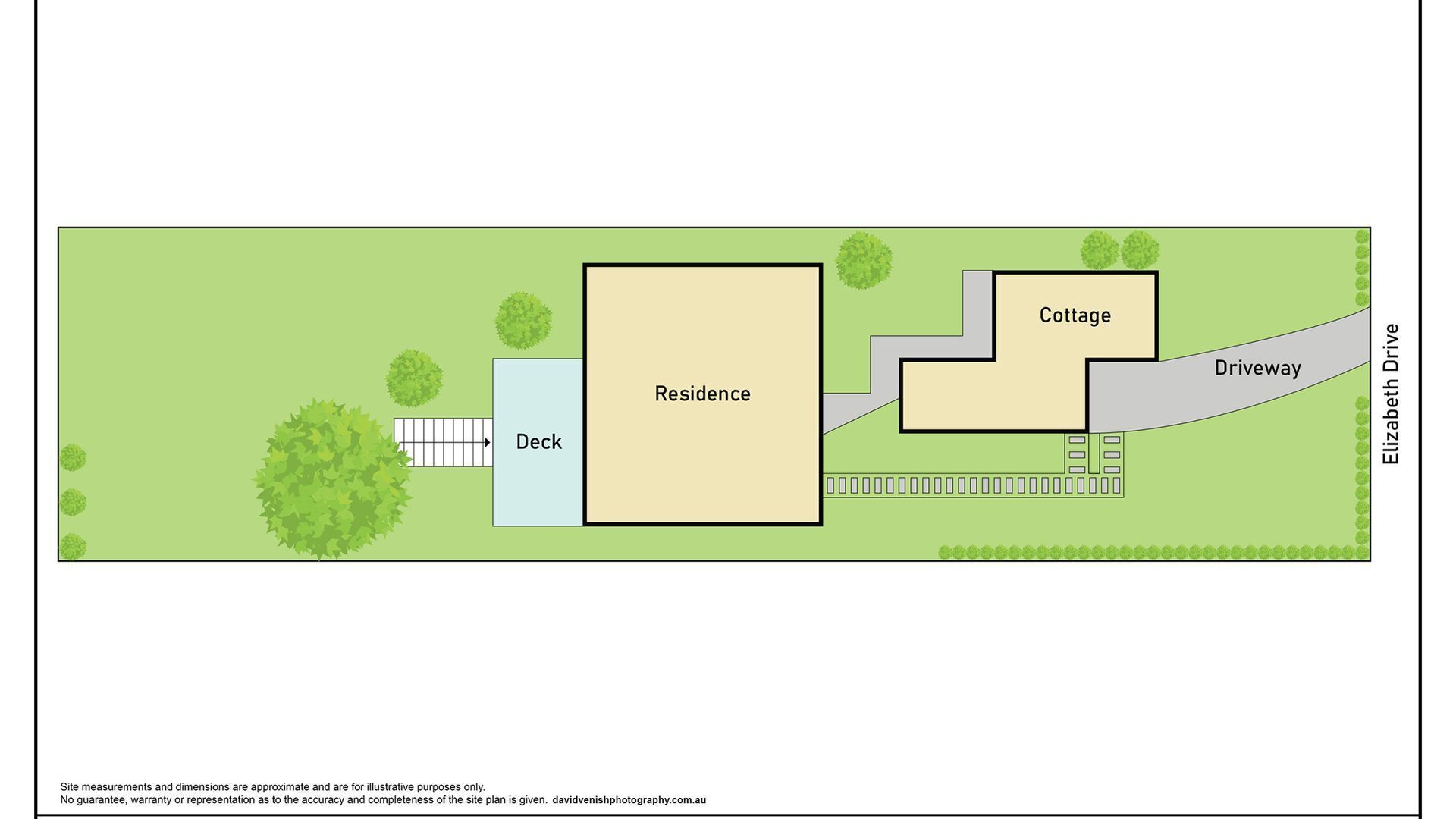 Ein Lageplan mit einem Wohnhaus, einer Terrasse, einem Cottage und einer Auffahrt.