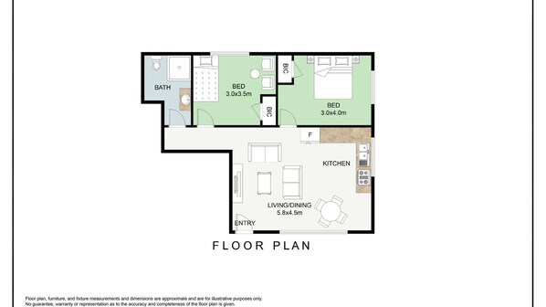 A floor plan with a living/dining area, kitchen, two bedrooms, a bathroom, and an entryway.