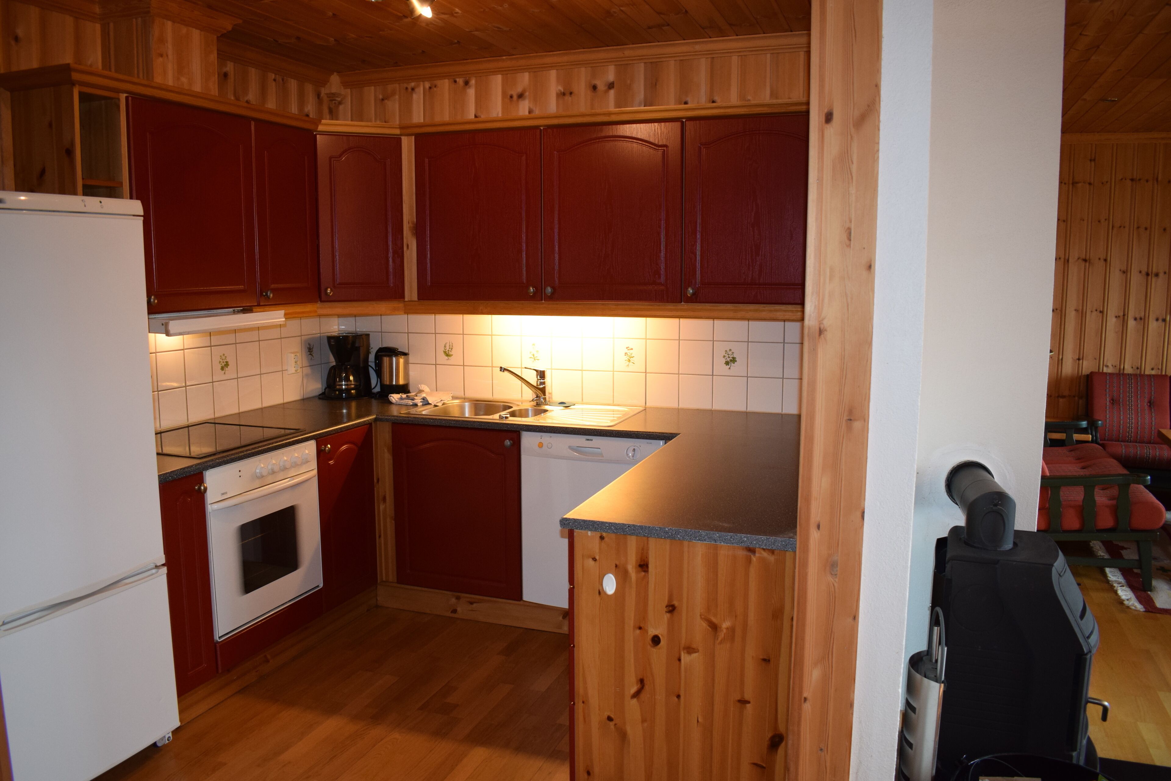 Een kleine keuken met houten kastjes, een vaatwasser en een fornuis.