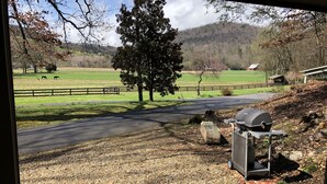 A gravel driveway leading to a paved road with a barbecue grill and a wooden block on the right. - The Cottage at Sunset View Estate.  Close to rafting, hiking, Dollywood 30 mins. (Cosby)