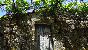 A rustic stone wall with a weathered wooden door. - Room in Cabin - Restored, Rustic and Rural Mini Cottage in Typical Portuguese Village (Lamego)