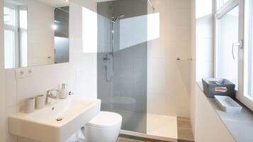 A modern bathroom with a glass-enclosed shower, a white sink, and a toilet.