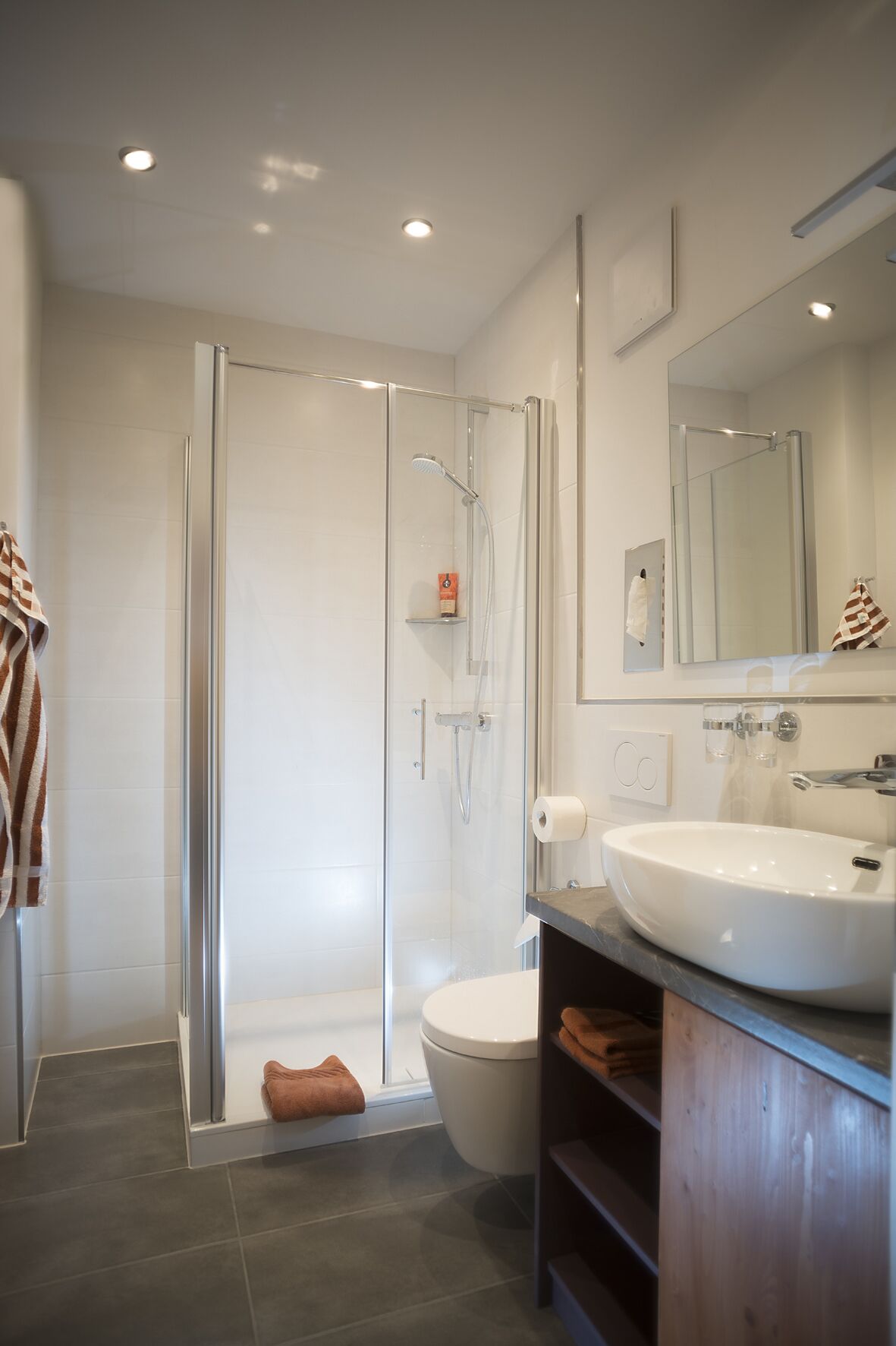A modern bathroom with a glass-enclosed shower, a white sink, and a toilet.