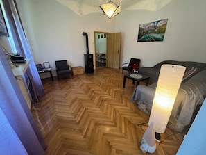 Smart TV, fireplace, foosball, books