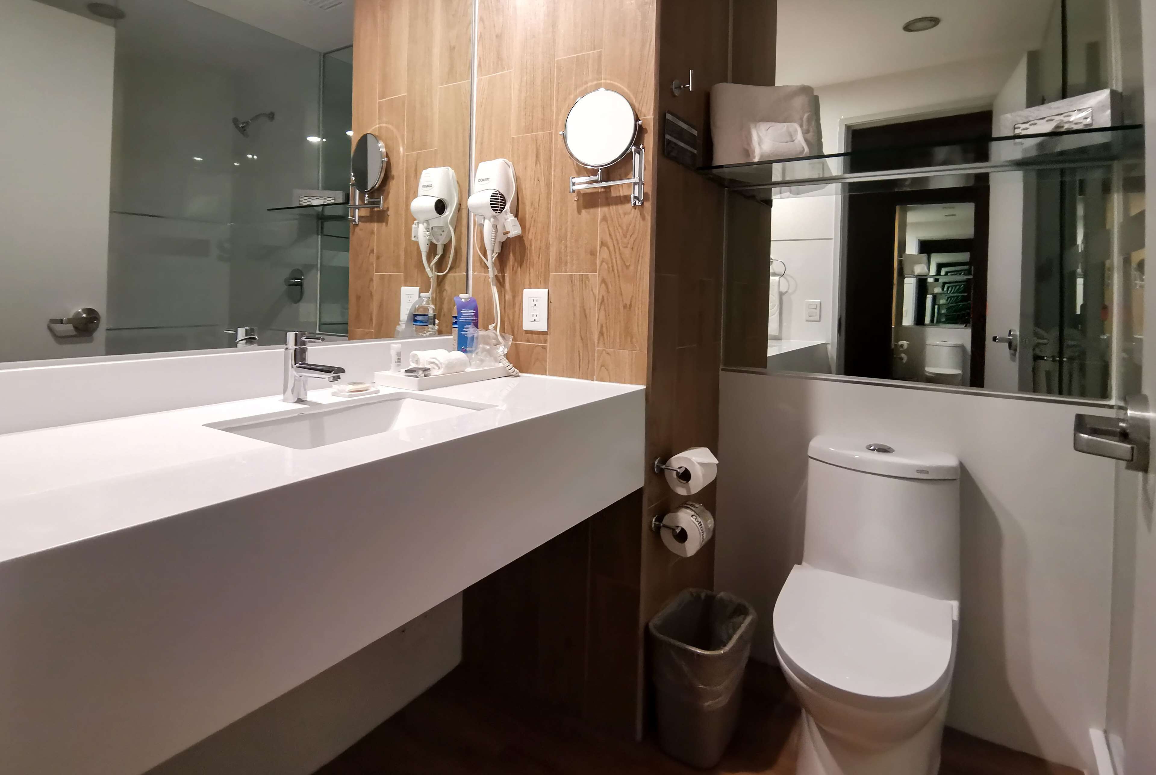 shower, rainfall showerhead, hair dryer, heated floors