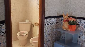 Bathtub, hair dryer, bidet, towels