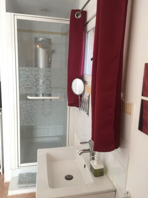 Douche, sèche-cheveux, serviettes fournies, papier toilette