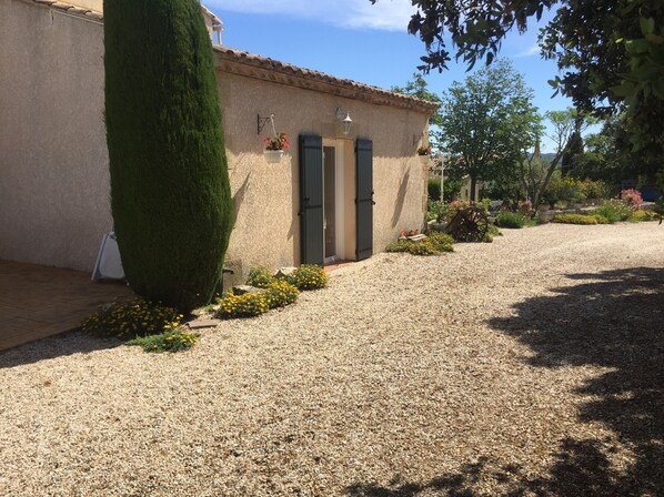 Una casa con camino de grava, un alto árbol de hoja perenne y un pequeño jardín con flores amarillas.