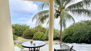 A covered outdoor seating area with a round table and two chairs, a palm tree, and a view of a river and greenery.