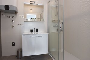 Douche, sèche-cheveux, serviettes fournies, papier toilette