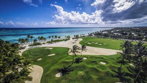 A golf course with a view of the ocean and palm trees. - Luxury Sunshine II. villa with SEA & GOLF VIEW, pool heated, CHEF & staff incl. (Punta Cana)