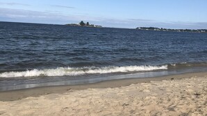Une plage avec un rivage sablonneux et l’océan.