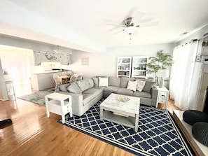 TV, DVD player, books, video library
