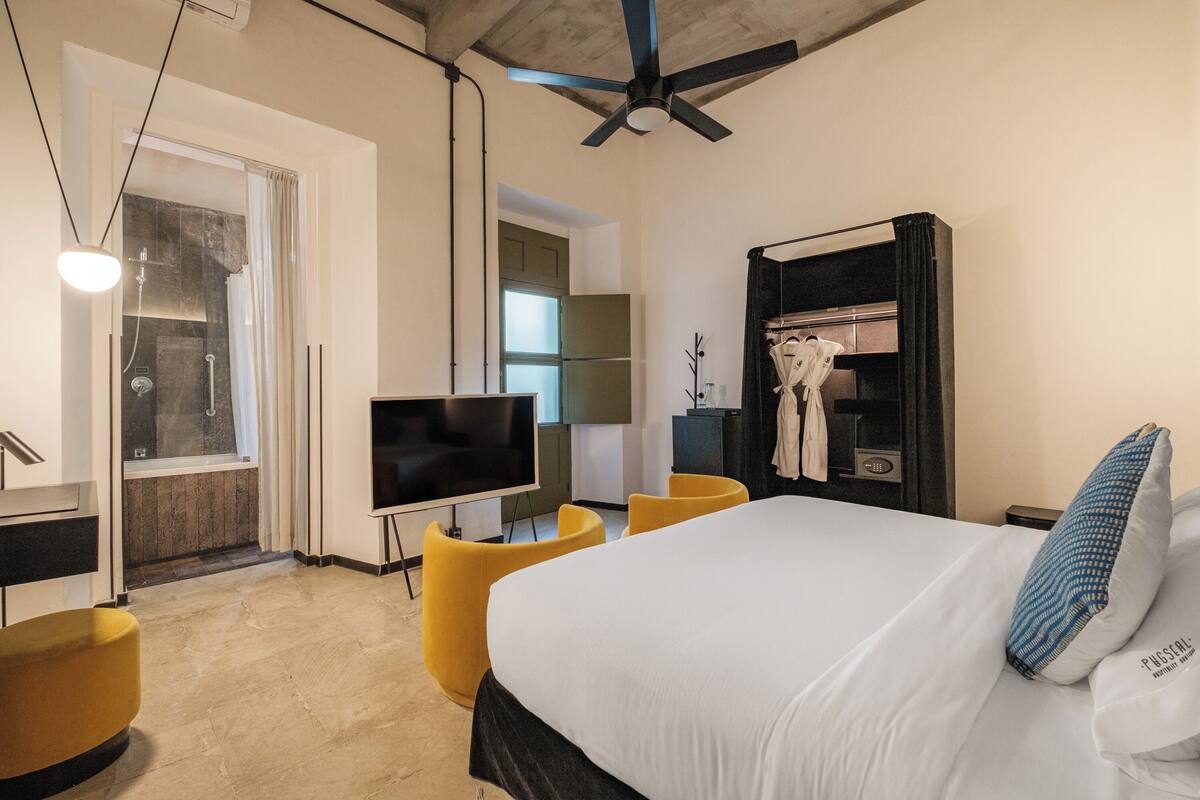 A hotel room with a bed, a TV, a ceiling fan, a shower, and a small seating area.