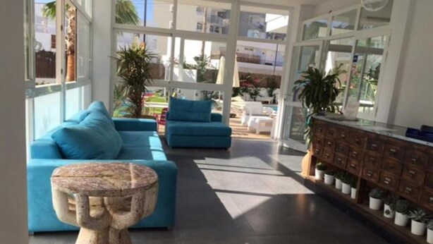 Un interior moderno con un sofá azul, una mesa de piedra y un mueble de madera con plantas.