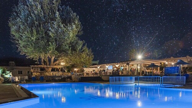 A swimming pool with a bar area and outdoor seating, surrounded by trees and a night sky.