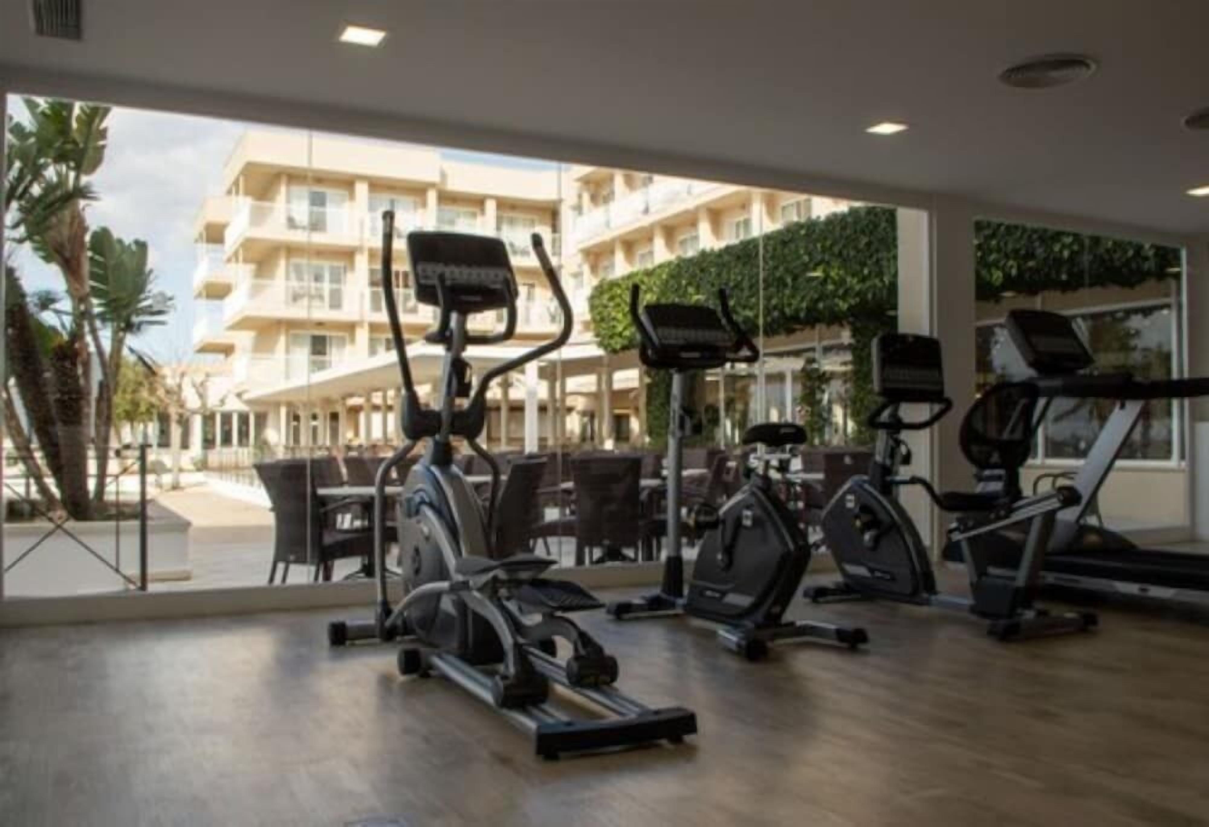 An indoor gym with stationary bikes and ellipticals, large windows with a view of a building and palm trees.
