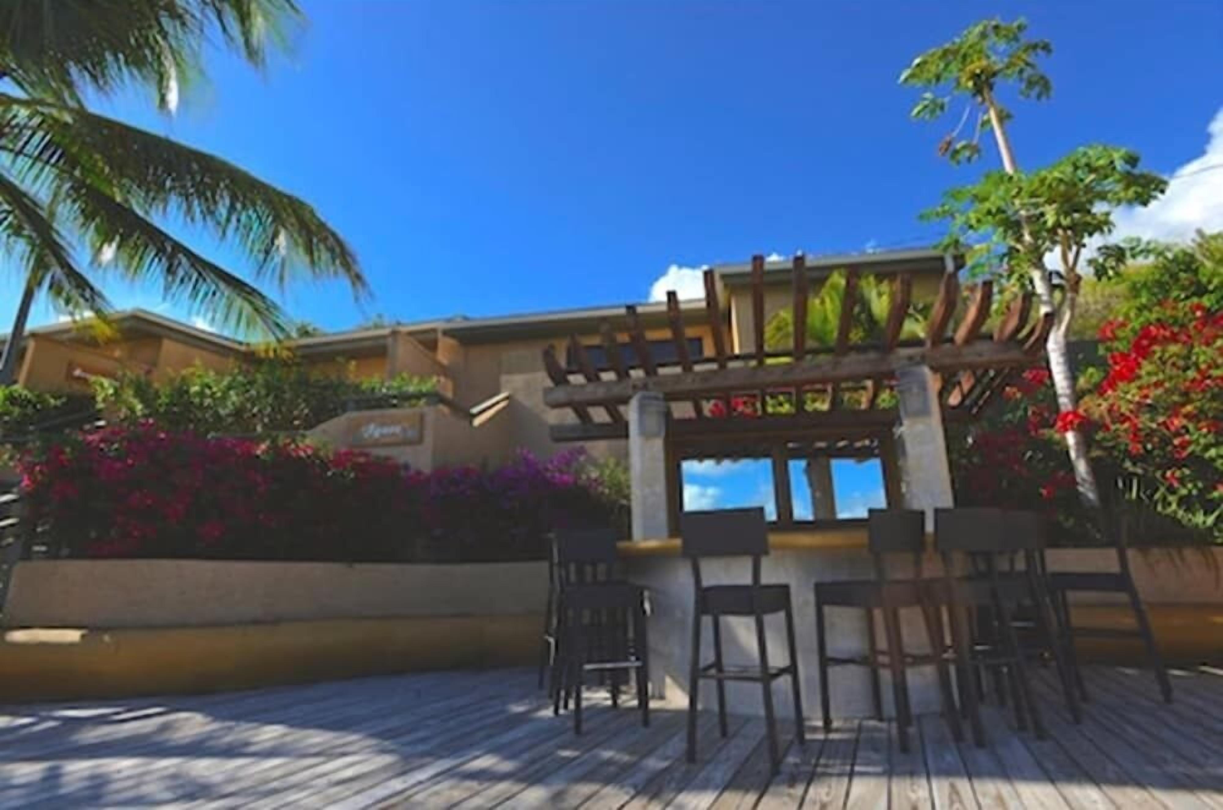 A wooden deck with a bar area, surrounded by lush tropical plants and a clear blue sky.