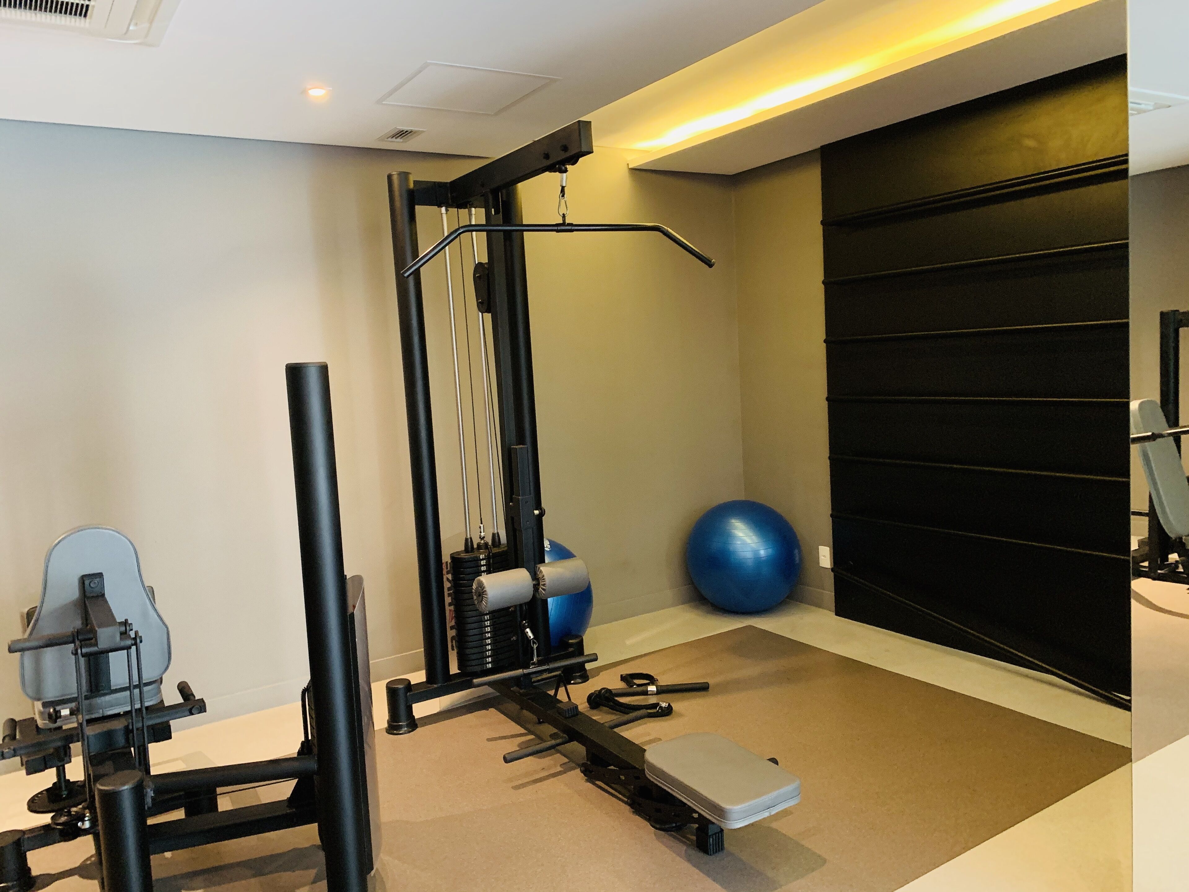A home gym with a pull-up bar, weight bench, and exercise ball.