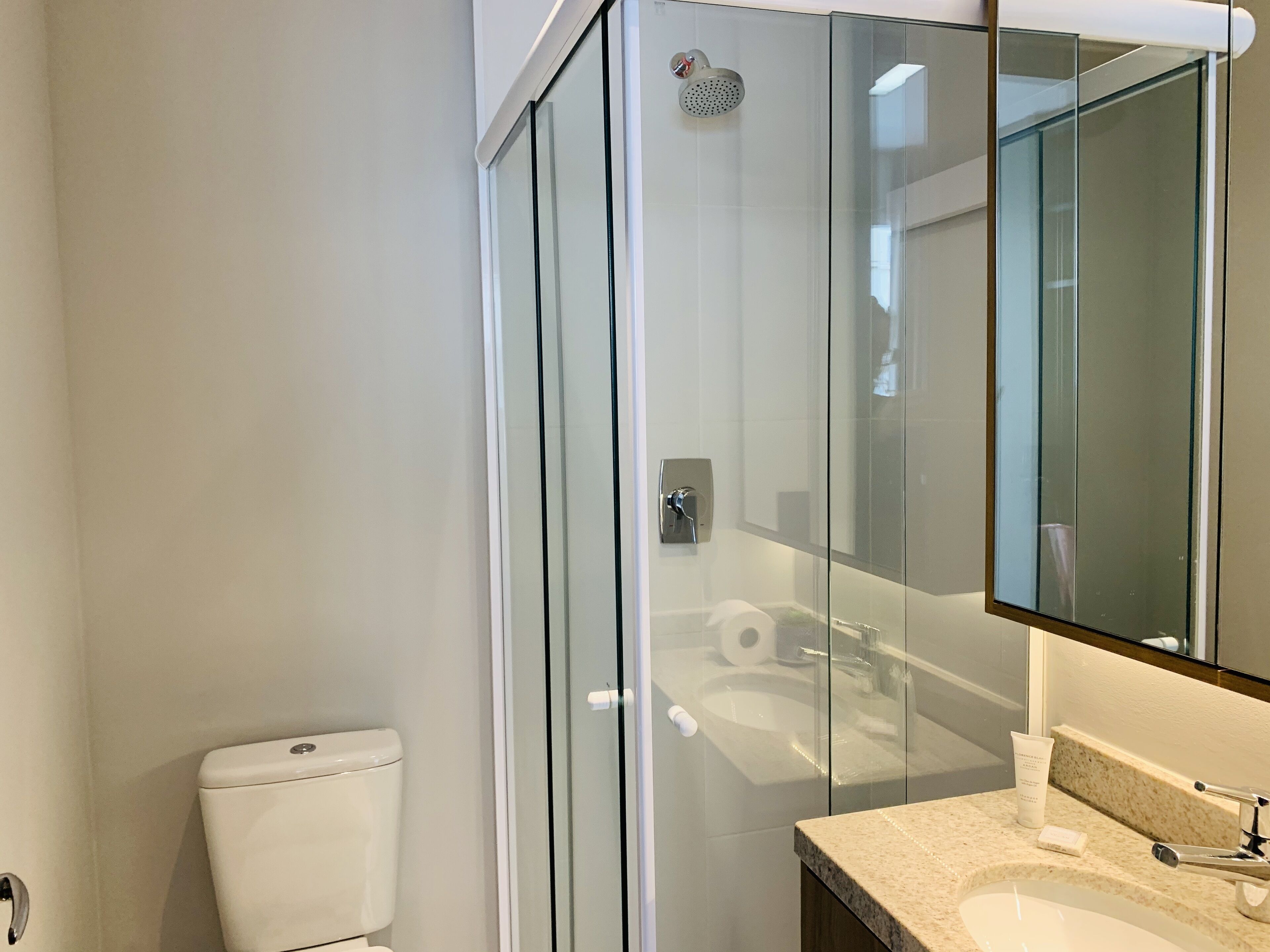 A modern bathroom with a glass shower enclosure, a toilet, and a sink with a granite countertop.