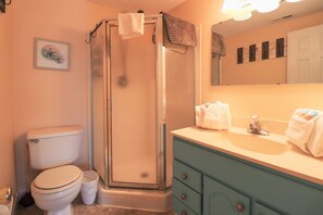 Une salle de bain comprenant des toilettes, un espace douche, un lavabo et un miroir.
