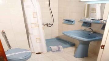 A bathroom with a toilet, shower, and sink.