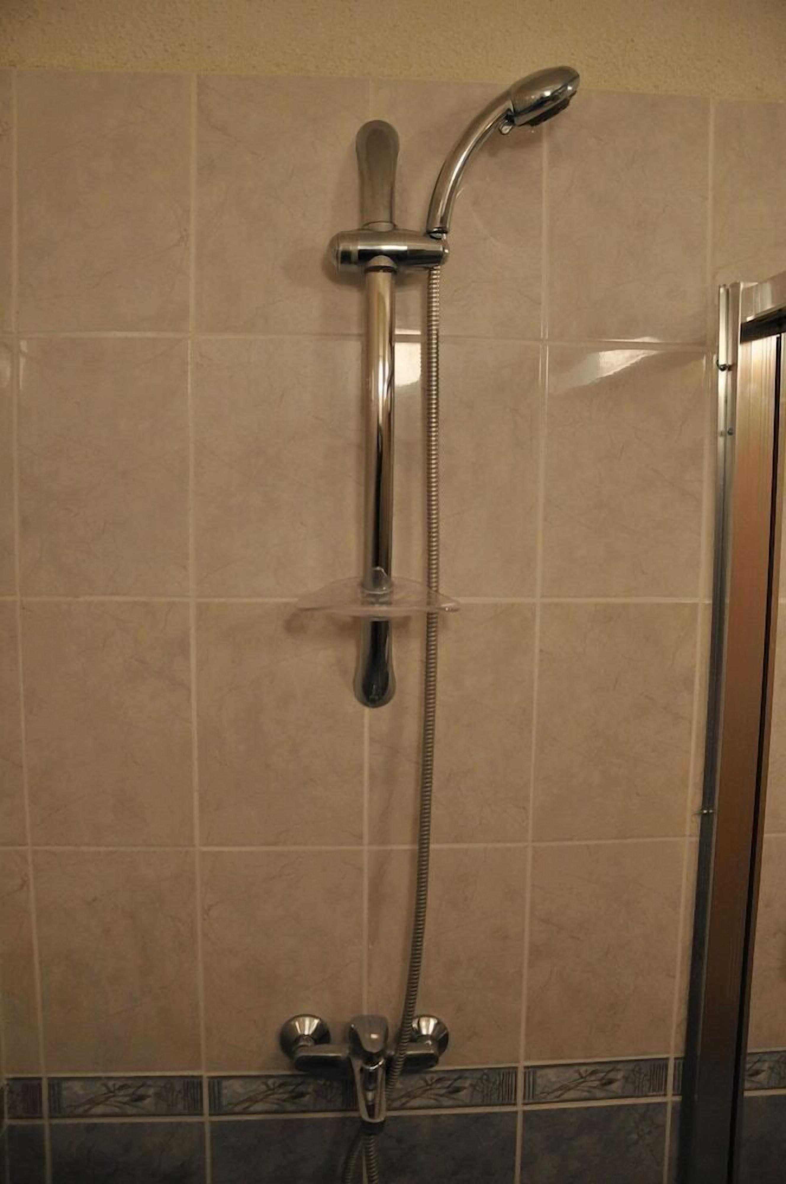 A shower with a handheld showerhead and a fixed wall-mounted faucet.