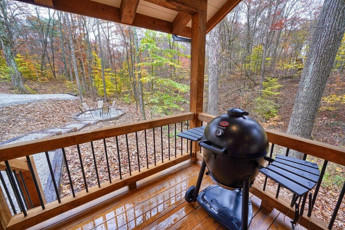 Un espace extérieur abrité, doté d’un barbecue, d’une terrasse en bois et offrant une vue sur une forêt.