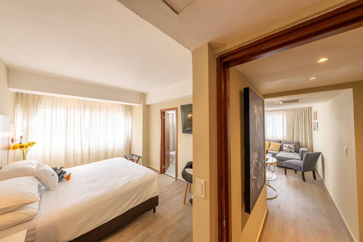 A hotel room with a bed, a desk, a chair, and a sofa.